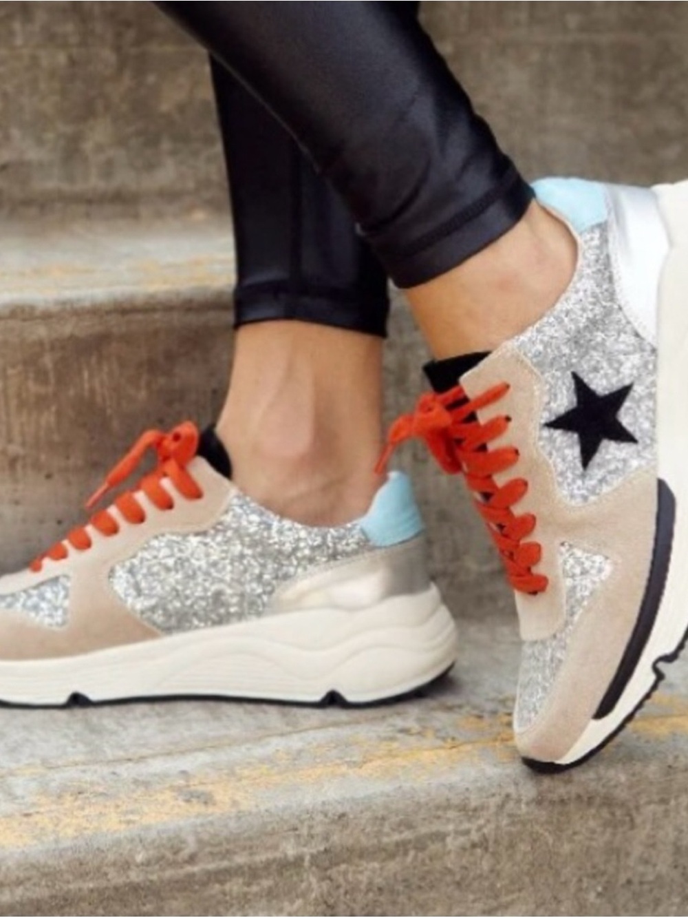 Women's Oasis Society Glitter Star Sneakers - Beige w/Silver & Orange Laces
